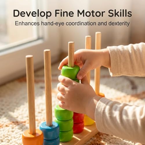 Color Matching Stacking Puzzle Game, Wooden Color Match Challenge Game Fast Color Stack Challenge Ring Stack Puzzle with Racks and Rings, Tabletop Brain Teaser for Family Friend Friendly Fun