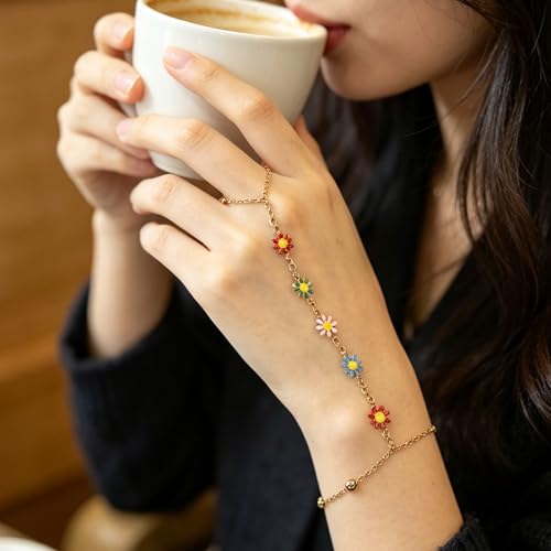 BOMAIL 7Pcs 14K Gold Plated Gold Hand Chain Bracelets for Women | Adjustable Ring Bracelets,Stackable Hand Link Chain,Dainty Gold Jewelry,Durable Accessory,Cute Bracelet