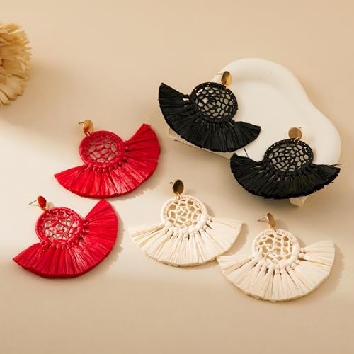 Boho Raffia Summer Beach Earrings for Women, Large Statement Dangle Drop, Lightweight Handmade Woven Fan Tassel Jewelry - color: Red