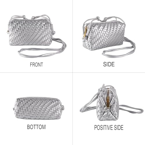 Woven Crossbody Bags for Women Handwoven Purses Vegan Leather Small Handbag Handmade Shoulderbag | Lightweight - color: Silver