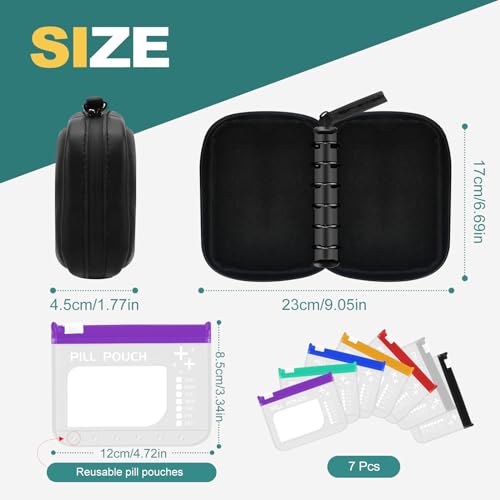 Timueetech A7 Waterproof Pill Organizer with 7 PCS L Size Zippered Pill Pouches for A7 Binder, Large BPA-Free Weekly Medicine Organizer, Color-Coded Reusable Travel Pill Storage System - color: Black