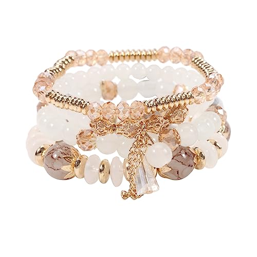 Caiyao 4Pcs Bohemia Multilayer Stackable Beaded Bracelets Set Colorful Crystal Stone Gold Beaded Stretch Bracelets Hawaii Charm Bracelet for Women Men Summer Beach Boho Vacation Jewelry Gifts - color: White