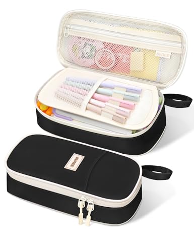 SUNEE Cute Pencil Case, Aesthetic Pen Pouch, Colored Large Pencil Bag with Zipper, Kawaii Stationery Storage and Organizer, School Supplies for Teen and Adult Girls, Black - color: Black