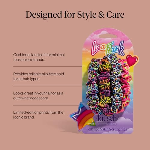 Lisa Frank x Kitsch Ruched Satin Scrunchies for Women - Softer Than Silk Scrunchies | Hair Ties No Damage for Frizz-Free Sleep | Ideal Gifts for Women - Rainbow Leopard 4 pcs - color: Rainbow Leopard