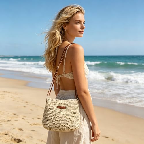 Straw Bag for Women Small Summer Beach Crossbody Bag Boho Handmade Weave Shoulder Handbags Purse for Vacation Travel - color: Beige