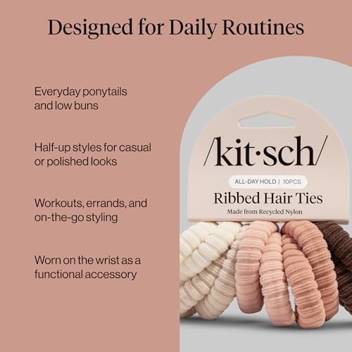 Kitsch Ribbed Hair Ties No Damage - Strong, Stretchy & Snag-Free Hair Bands | Soft Fabric Ponytail Holders, Stylish Elastics for Everyday Hairstyles | Ideal Gifts for Women - Blush, 10pcs - color: Blush Ribbed (Pack of 10)