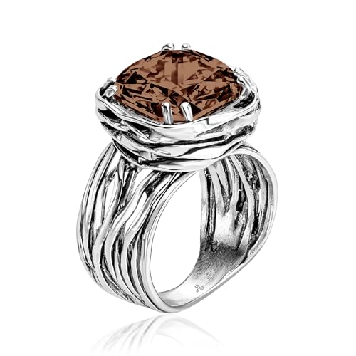 JEAN RACHEL JEWELRY 925 Sterling Silver Ring - Wrap Vintage Design with Cushion Shaped Cubic Zirconia - Hypoallergenic, Lead & Nickel Free - Artisan Handcrafted Statement Rings for Women - color: Smoky CZ