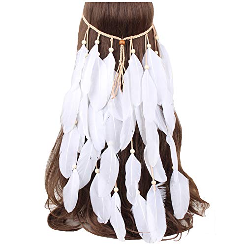 Feather Headband White Hippie Indian Boho Hair Bands Tassel Bohemian Halloween Hair Hoop Women Crown Hairband Party Decoration Headdress Cosplay Costume Headwear Headpiece Christmas Hair Accessories - color: White