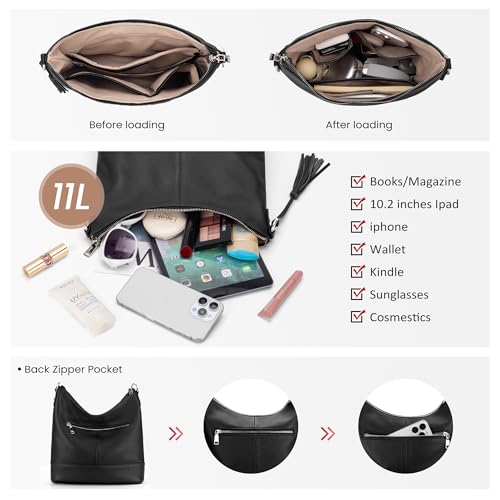 Genuine Leather Hobo Crossbody Bag for Women, Soft Real Leather Bucket, Shoulder Handbag Purse with 2 Removable Strap - color: Black