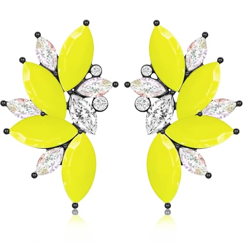 Bohemian Statement Sparkly Colourful Fancy Rhinestone Crystal Flower Dangle Drop Stud Earrings Vintage Wedding Bridal Prom Earrings for Women - color: Yellow