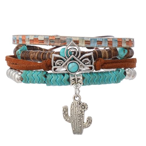 Western Turquoise Beaded Bracelet Stack - Vintage Cowgirl Stretch Set with Bull Skull, Feather & Boot Charms, Handmade Boho Jewelry for Rodeo, Country Concerts & Casual Western Outfits - style: 4