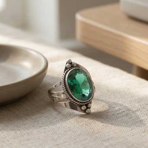 Handmade 925 Sterling Silver Plated Ring Natural Gemstone Carnelian, Rose Quartz, Tiger Eye, Crystal Oval Boho Jewelry For Women - color: Emerald Simulated