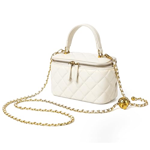 DORIS&JACKY Small Quilted Box Crossbody Purse For Women, Designer Lambskin Leather Mini Top Handle Tote Bag With Chain Strap - color: 3-white