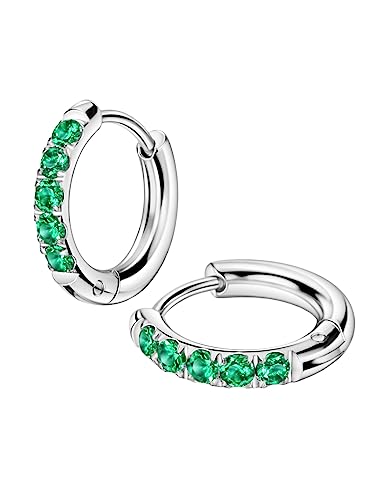 316L Surgical Stainless Steel Huggie Hoop Earrings with Cubic Zirconia, 10G 12G 14G 8-20mm Cartilage Lobe Earrings, 14G Piercing Jewelry - style: 10G 10mm Silver with Green CZ