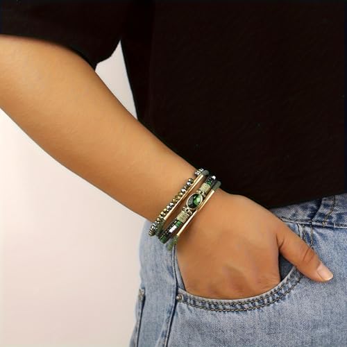 Boho Layered Bracelet for Women – Green Crystal Beaded Wrap Bracelet with Gold Clasp, Multi-Strand Hypoallergenic Statement Jewelry - color: Green