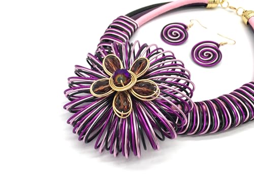 Statement African Necklace For Women African Jewelry Costume Earring Sets Tribal Fashion Colorful Big Rhinestone Crystal Pendent Collar Choker Bold Chunky Bib Handmade - color: Flower Purple