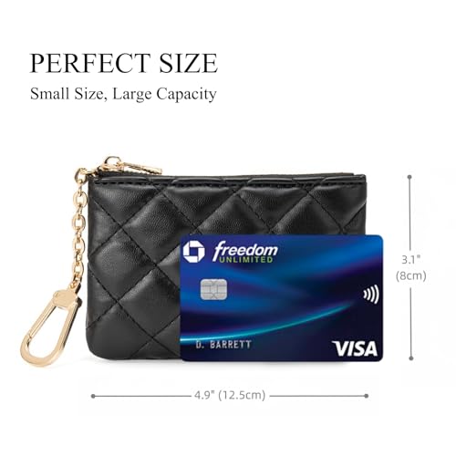 Quilted Leather Coin Purse with Keychain - Small Coin Pouch Key Pouch Small Card Holder Keychain Wallet Change Purse for Women and Men (Black) - color: Black