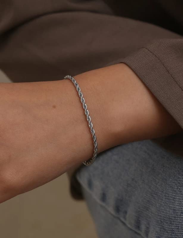925 Sterling Silver Rope Bracelets 2/3/5mm Silver/Gold Plated Bracelets for Women Rope Chain Bracelet for Men 6.5-9 Inches - color: Silver 3mm, size: 8.5