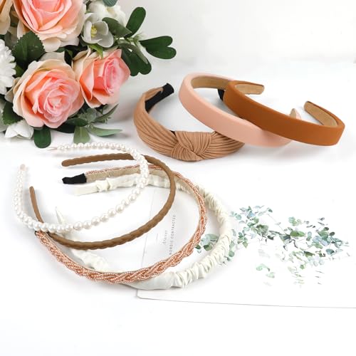 7 Pcs Headbands for Women Non Slip Headband Brown Knotted Headband for Women Pearl Headbands Different Fashion Headbands Hair Accessories - color: Brown