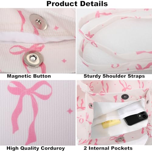 Corduroy Tote Bag for Women Small Canvas Shoulder Purse Cord Handy Bag with Inner Pocket | with Front Pocket - color: 03 Pink Bow