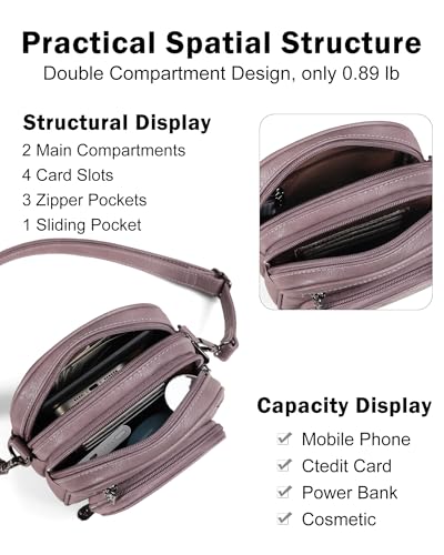 FADEON Small Purses for Women Crossbody Bags, Designer PU Leather Mini Cross Body Purse Travel Shoulder Bag Card Slots - color: Purple Retro Style