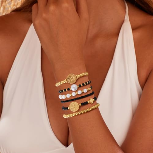 VIBILIA Gold Beaded Bracelets Set for Women 14K Gold Plated Dainty Pearl Cross Bracelet Stack Stretch Bracelet Set Fashion Accessories Gifts - color: 6P-6146K2-Black
