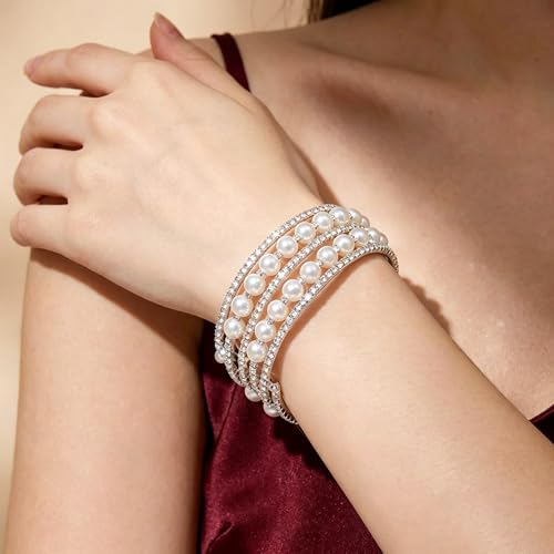 Pearl Rhinestone Stretch Cuff Bracelet for Women Adjustable | Perfect for vintage weddings parties vacations and everyday wear - color: SilverA+