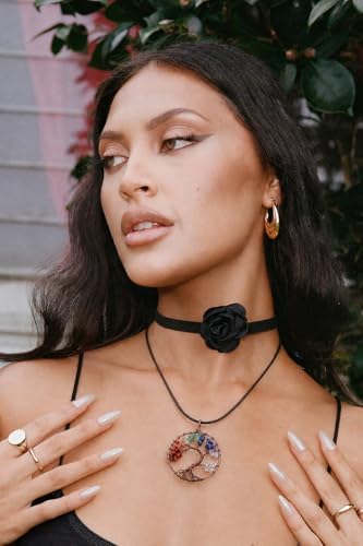 7 Chakra Gemstone Healing Crystals Necklace - Copper Wire Wrapped Natural Unisex Hippie Leather Choker - color: 5. Tree of Life