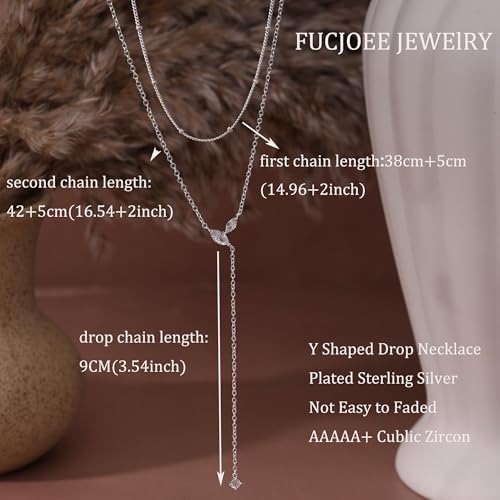 Gold Necklace for Women - Dainty Long Lariat Necklace 14K Gold Plated Clover Star Teardrop CZ Y Shaped Drop Necklaces Cute Long Necklaces for Women Trendy Prom Formal Womens Jewelry - color: Silver-Layered PJ Drop