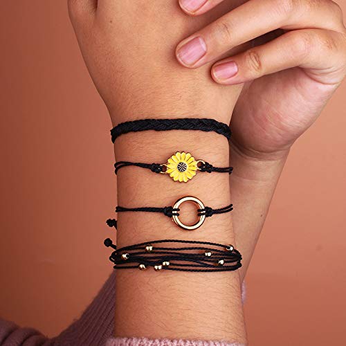 FANCY SHINY Easter Gifts Basket Stuffers Sunflower String Bracelet Boho Braided Rope Wrap Bracelets Cute Summer Beach Surfer Jewelry for Women - color: Black