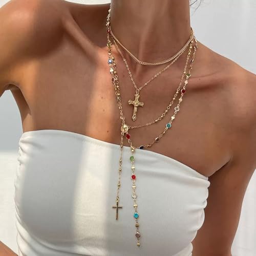 4PCS Layered Gold Cross Necklaces for Women Multi Strand Colorful Rosary Necklace Set Trendy Bohemian Bead Pearl Y Long Pendant Necklace Adjustable Gold Stack Necklace Jewelry Accessory
