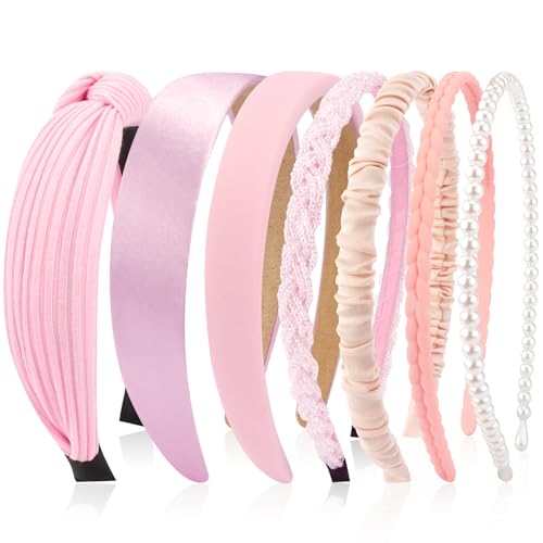 VELSCRUN Headbands for Women 7 Pcs Different Pink Fashion Knotted Solid Head Bands Pearl Headband Non Slip Hair Band for Womens Gilrs Thin Thick Short Hair Face Wash Hair Accessories - color: Bright Pink
