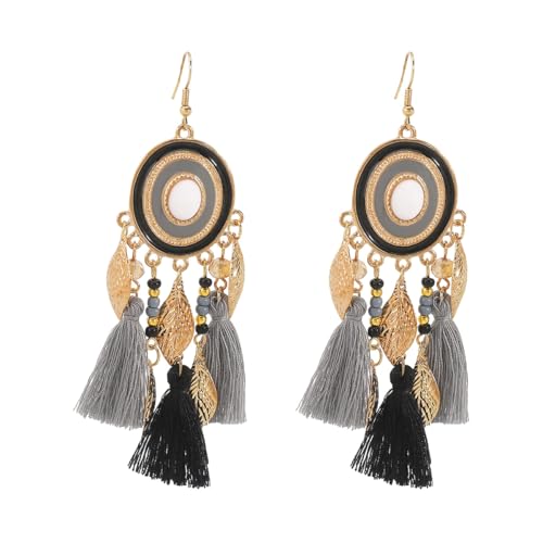 Bohemian Silk Tassels Statement Earrings Vintage Lightweight Gold Leaf Geometric Handmade Beads Drop Dangle Earring Ethnic Style Trendy Jewelry Accessories for Women - color: Black