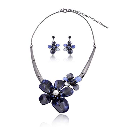 AMYJANE Vintage Statement Jewelry Set - Spring Leaf Flower Floral Plant Necklace Earring Set Crystal Rhinestone Fashion Costume Jewelry for Women Prom Party Unique Gift - style: 2 Flower Jewelry Set Blue