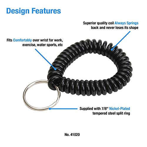 Lucky Line 2” Diameter Spiral Wrist Coil with Steel Key Ring, Flexible Wrist Band Key Chain Bracelet, Stretches to 12”, unisex-adult, Black, 1 PK (410201) - color: Black, size: 1 Pack
