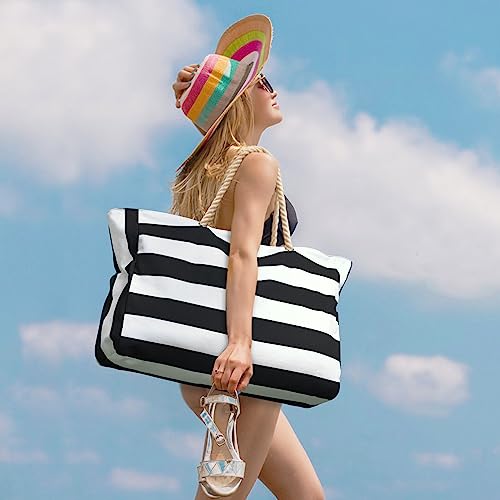 Becokan Beach Bag Large Beach Tote Bag for Women Waterproof Sandproof Swim Pool Bag With Zipper - color: Black