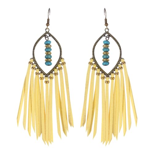 Long Bohemian Fringe Leather Earrrings Handmade Tassel Earrings with Turquoise Christmas Long Dangle Earrings for Women rodeo jewelry - color: 3