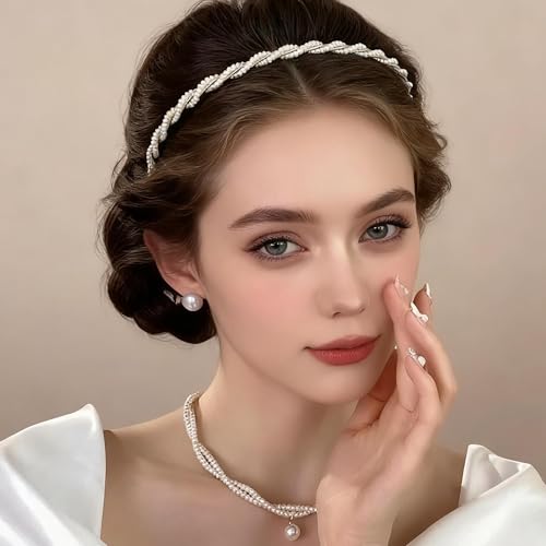 6 Pcs Pearl Headbands for Women, Thin Gold Metal Faux Pearl Hair Bands, Sparkly Rhinestone Crystal Beaded Hair Hoops, Elegant Bridal Wedding Hair Accessories for Girls - color: Pearl Rhinestone