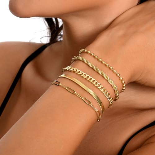 Dainty Gold Bracelets for Women, 14K Gold Plated Stackable Bracelet Set, Adjustable Beaded Cuban Paperclip Herringbone Figaro Snake Rope Chain Jewelry - style: Set4 Gold 5Pcs