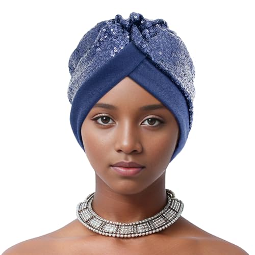 Erinaco Women Sparkle Sequin African Turban Bow Knot Pre-Tied Cap Pleated Ruffle Bonnet Beanie Hat Headwrap Skull Caps - color: Sparkle Navy Blue