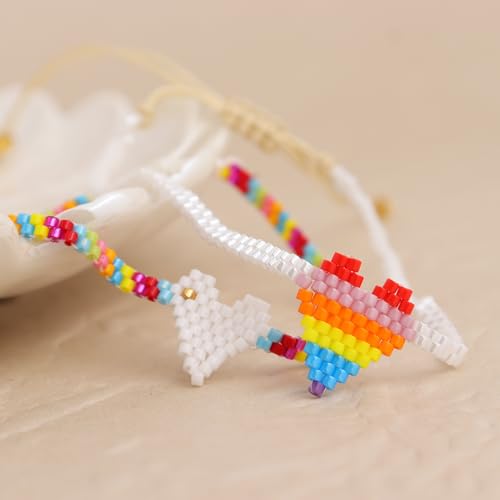 Rainbow Beaded String Braided Bracelets for Women, Summer Boho Handmade Adjustable Beach Waterproof Jewelry Gift - color: White