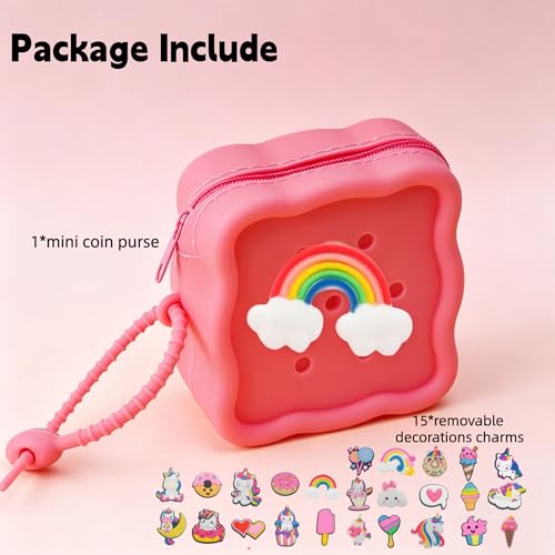 Soft Silicone Zipper Coin Purse Lovely Cartoon Hole Design Miniature Wallet Children's Storage Pouches Organizers For Kid with 25pcs DIY Charms (Watermelon Red) - color: Watermelon Red