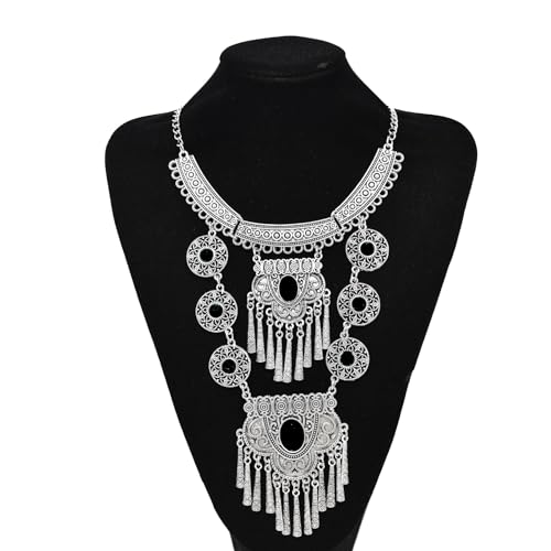 Bethynas Bohemian Ethnic Tribal Chunky Necklace Multilayer Long Tassel Turquoise Statement Neck Chain Retro Coin Gemstone Exaggerated Costume Accessories for Women - color: C-Black
