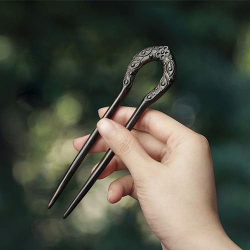 Carved Hair Forks for Buns for Women Two Prong Hair Stick for Long Hair U Shape Wood Hair Pin Handmade Hair Accessories(2pack)