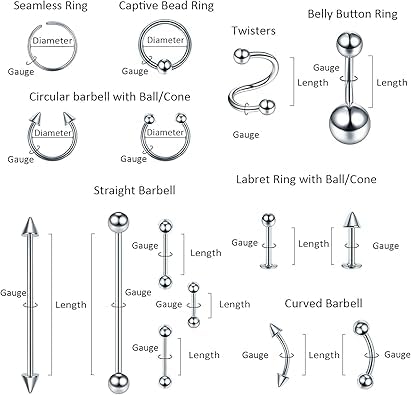 Oveta 150-151PCS Body Piercing Jewelry Lot 14G 16G 20G Stainless Steel Nose Lip Tongue Cartilage Tragus Eyebrow Industrial Barbell Belly Button Rings Piercing Kit Jewelry - style: 151pcs-Mixed Color