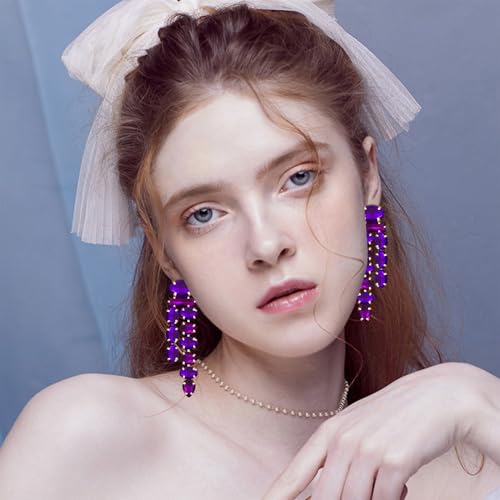 Boho Large Sparkly Rhinestones Teardrop Drop Dangle Earrings Long Tassel Full Crystals Chain Earrings for Women Wedding - style: Purple