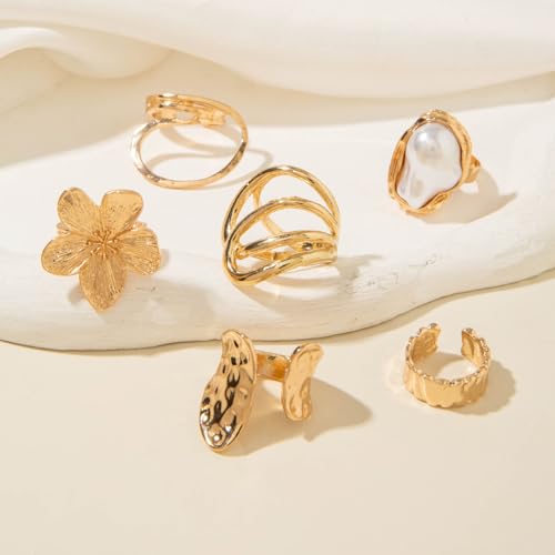 Gold Rings for Women Non Tarnish Stackable Rhinestone Moon Star Rings Dainty Stacking Pearl Butterfly Midi Pinky Thumb Joint Finger Knuckle Ring Set Gold Non Tarnish Jewelry Gifts Trendy Stuff - color: R Chunky Gold Rings 6Pcs