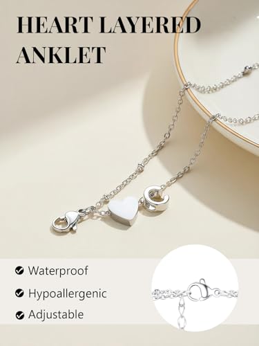 Silvora Ankle Bracelets for Women Waterproof 14K Gold/Silver/Black Initial Anklet for Women Dainty Layered Heart Ankle Bracelets Stainless Steel Adjustable Foot Chain Anklet Summer Beach Jewelry - color: G-Silver