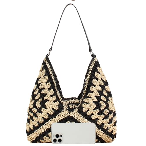 Straw Hobo Bag for Women 2026 Boho Woven Beach Purse Large Summer Straw Tote with Lining Black Raffia Shoulder Bag | straw material - color: Black1 With Black Strap
