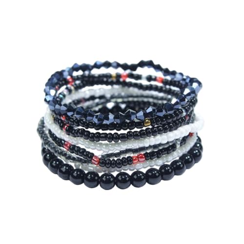 Boho Stackable Rice Beaded Bracelet Set for Women 8-10Pcs Colorful Handmade Multilayered Crystal Beads Bracelets Summer Beach Bohemian Jewelry Gift - color: B Black
